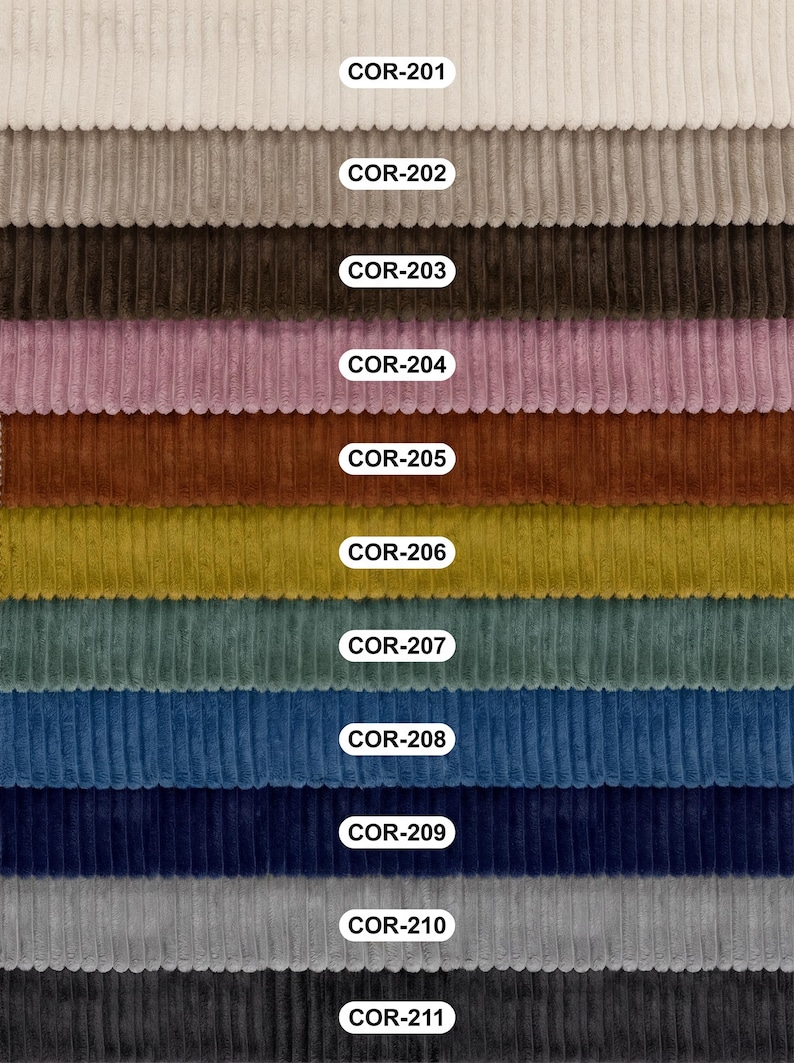May include: A selection of corduroy fabric swatches in a range of colours, each identified with a "COR" code. The colours include cream, grey, brown, pink, orange, yellow, teal, blue, and dark grey. The fabric has a ribbed texture.