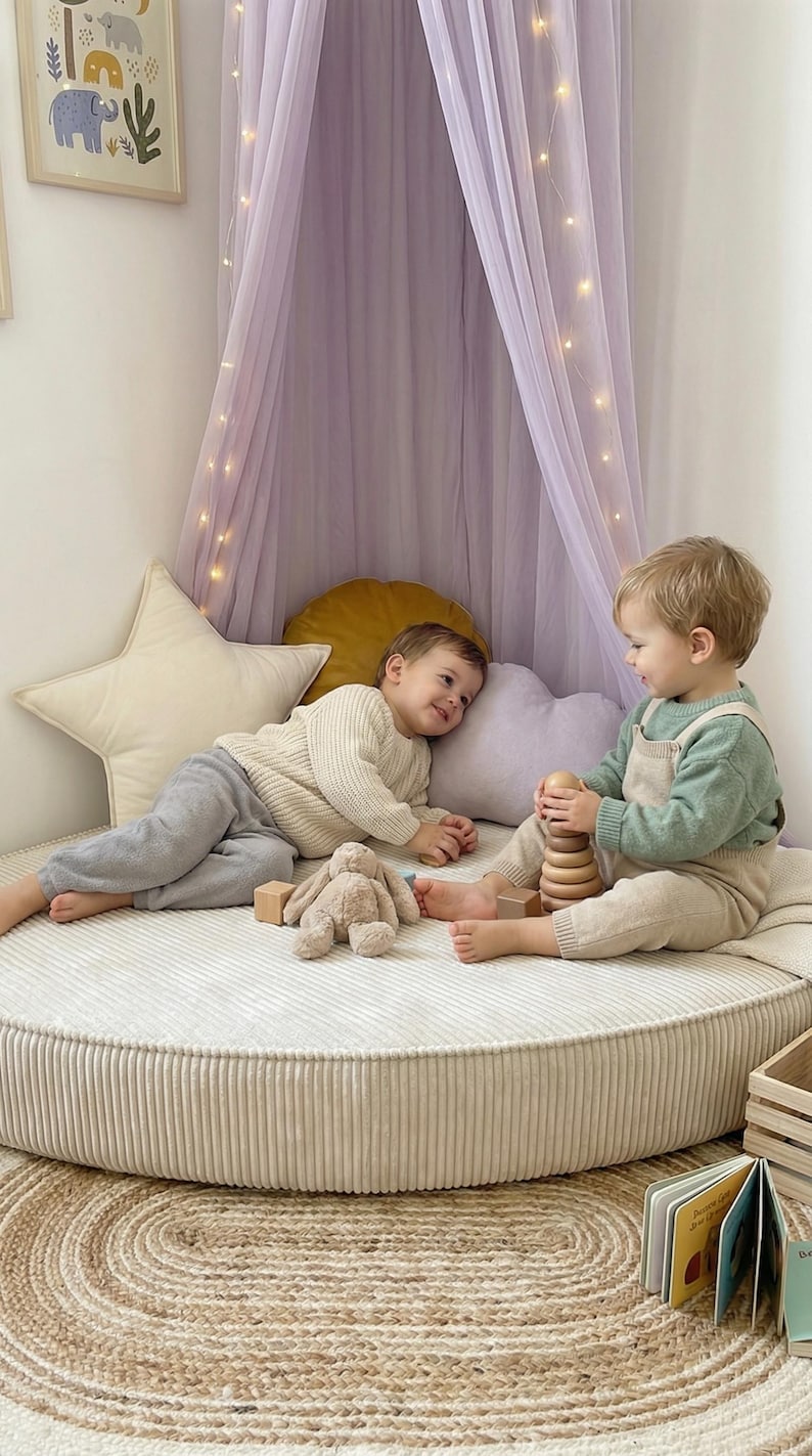 May include: Two young children are playing on a round, corduroy-covered floor cushion. One child is holding a wooden stacking toy, while the other is lying down with a stuffed bunny and wooden blocks. A lavender canopy with fairy lights hangs above.