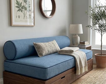Bespoke Bench Cushions with Bolster, Extra Long Beige Bench Cushions, Velvet-Linen Fabrics with Multiple colors, Custom Size