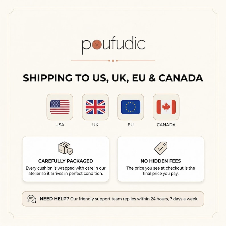 Pu&ograve; includere: Un grafico informativo per il marchio poufudic con il testo SHIPPING TO US, UK, EU & CANADA. Mostra icone delle bandiere di Stati Uniti, Regno Unito, Unione Europea e Canada, insieme a riquadri di testo che descrivono l'imballaggio e il supporto.