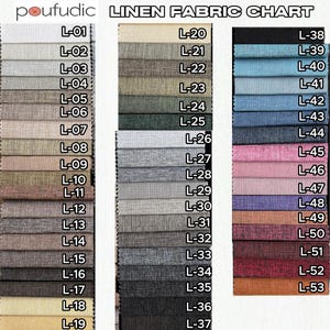 May include: A linen fabric chart by poufudic displaying a grid of 53 color swatches labeled L-01 through L-53. The swatches feature various neutral, earth, blue, pink, purple, and red tones with a visible woven texture, organized in three columns.