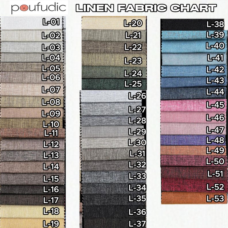 May include: A linen fabric chart by poufudic displaying a grid of 53 color swatches labeled L-01 through L-53. The swatches feature various neutral, earth, blue, pink, purple, and red tones with a visible woven texture, organized in three columns.