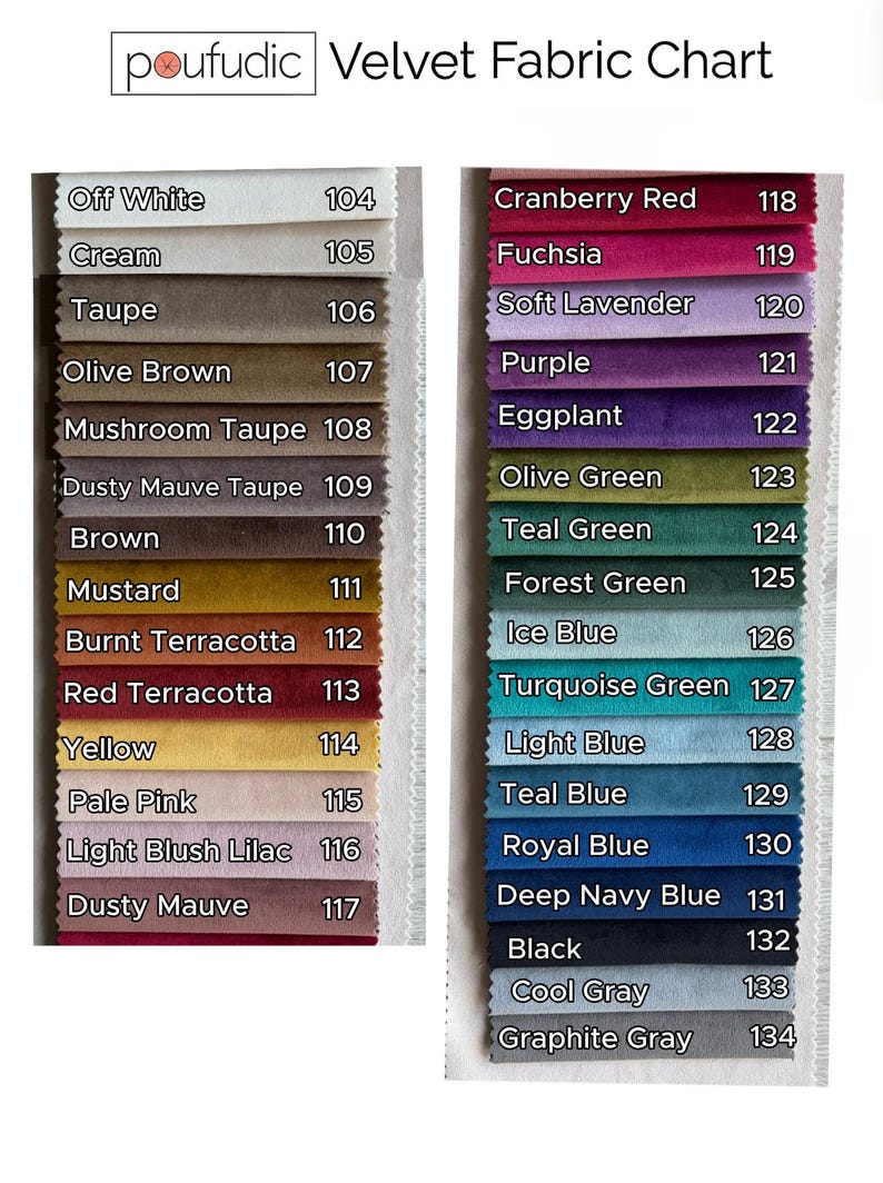 Może przedstawiać: Wzornik tkanin welurowych zatytułowany poufudic Velvet Fabric Chart, przedstawiający dwie kolumny pr&oacute;bek tkanin z odpowiadającymi im nazwami kolor&oacute;w i kodami numerycznymi od 104 do 134, zawierający szeroką gamę neutralnych i żywych odcieni.