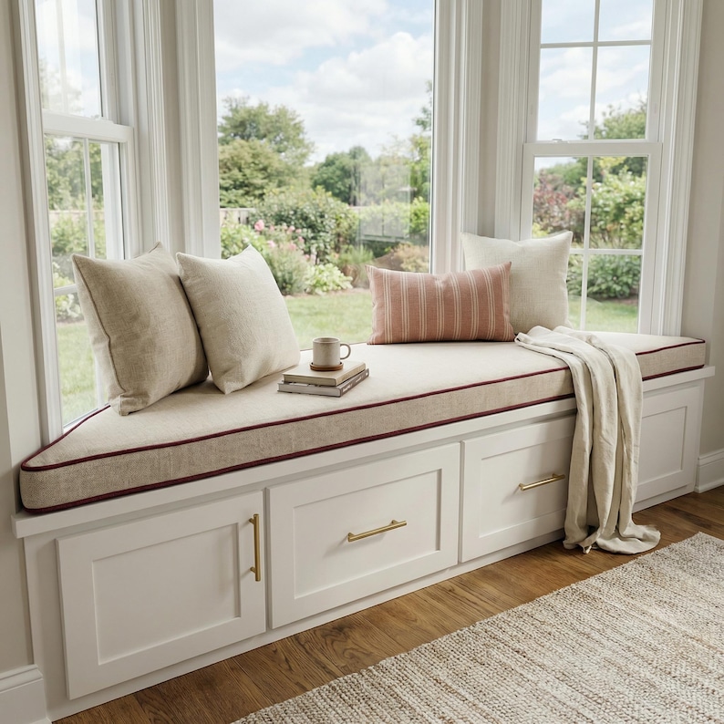 Pu&ograve; includere: Una panca da finestra bianca integrata con cassetti e armadietti dotati di maniglie dorate. La seduta presenta un cuscino beige con bordino rosso scuro, completato da due cuscini quadrati beige, un cuscino rettangolare a righe rosa e un plaid color crema.