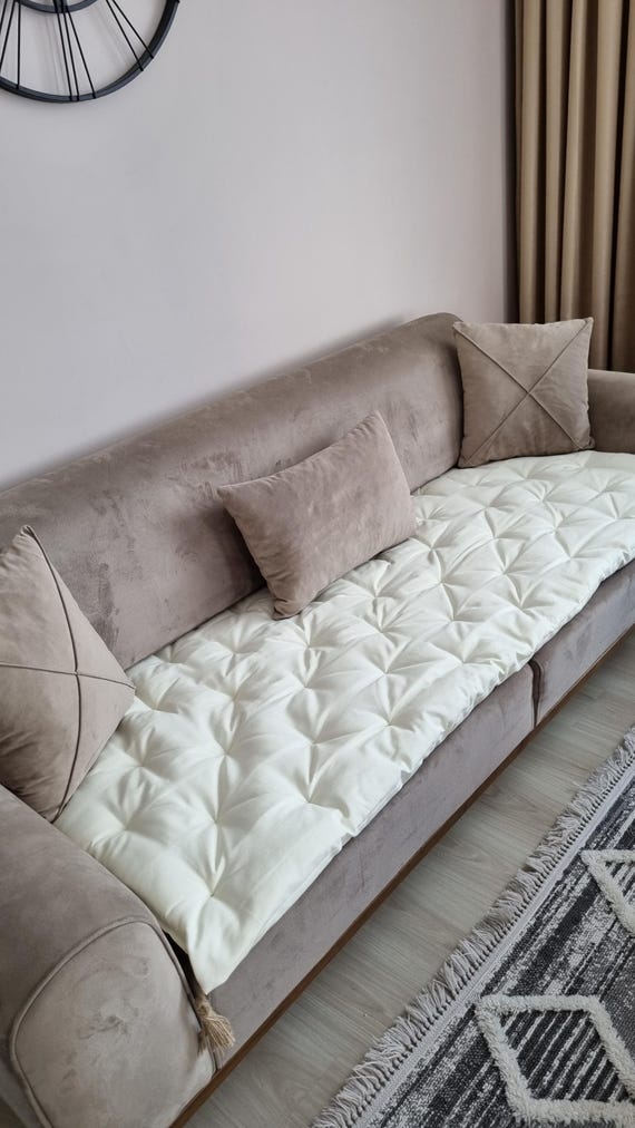 Custom Linen Quilted Sofa Topper, Pet Friendly Furniture Protector
