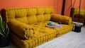 Mustard Tufted Floor Cushion: Linen Bench, Window Seat Pillow Set