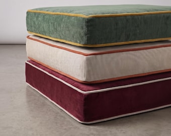 Custom Linen Bench Cushion With Foam, Window Seat Cushion With Contrast Piping, 2-5" Thickness Options, 250+ Colors, Custom Size Cushion
