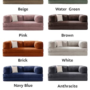 May include: A selection of modular sofas in various colors, including beige, water green, pink, brown, brick, white, navy blue, anthracite, and mustard. Each sofa has a corduroy texture and comes with two white throw pillows. The text "COLOUR OPTIONS" is at the top.
