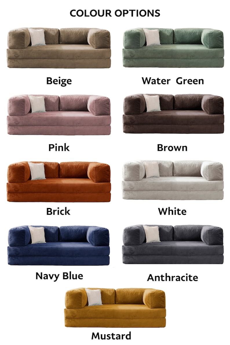 May include: A selection of modular sofas in various colors, including beige, water green, pink, brown, brick, white, navy blue, anthracite, and mustard. Each sofa has a corduroy texture and comes with two white throw pillows. The text "COLOUR OPTIONS" is at the top.