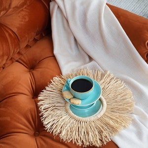 May include: A tufted rust-colored velvet sofa with a white throw blanket, featuring a light blue ceramic teacup filled with dark liquid and two small cookies resting on a circular beige raffia placemat with a fringed edge.