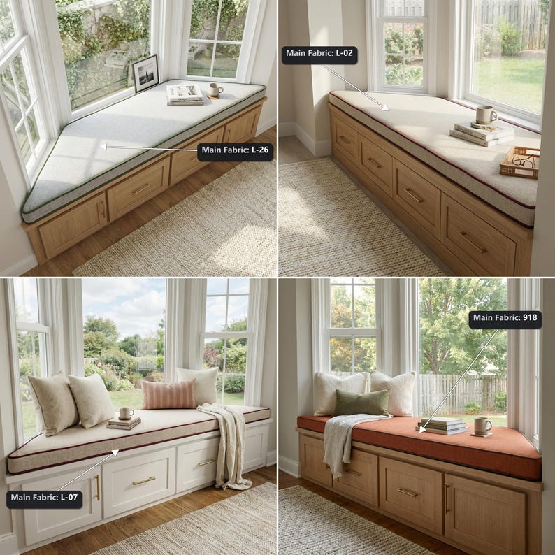 Pu&ograve; includere: Un cuscino per panca da finestra su misura con base in schiuma rettangolare e rivestimento in tessuto in vari colori tra cui grigio chiaro, beige e arancione, con bordino, progettato per adattarsi a mobili contenitori in legno o bianchi.