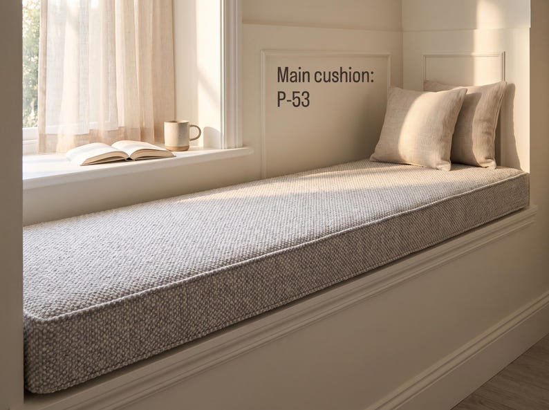 Pode incluir: Uma almofada retangular longa para assento de janela com capa de tecido texturizado cinza-claro. Duas almofadas quadradas de cor bege s&oacute;lido est&atilde;o posicionadas &agrave; direita. O texto "Main cushion: P-53" est&aacute; impresso na parede acima.