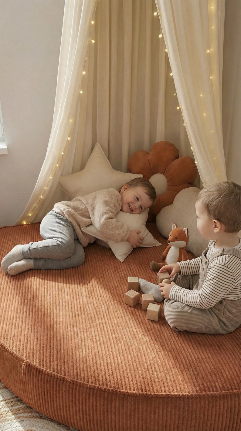 May include: Two children playing on a round, rust-coloured corduroy mat. One child is lying down with a star-shaped pillow, while the other sits with wooden blocks and a stuffed fox. The scene is set under a draped canopy with string lights.