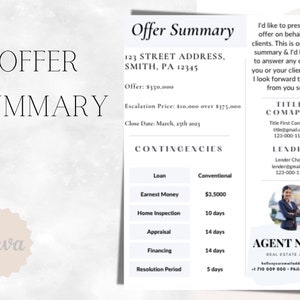 Agent Offer Summary | Offer Sheet | Home Offer Sheet | Agent Template | Real Estate Offer | Canva Template