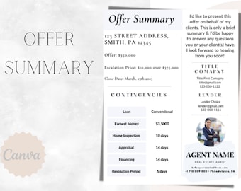 Agent Offer Summary | Offer Sheet | Home Offer Sheet | Agent Template | Real Estate Offer | Canva Template