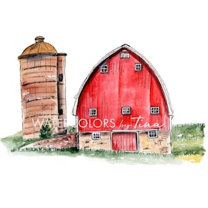 Rustic Red Barn and Silo  | Watercolors by Tina | Giclee watercolor print | SIGNED by artist