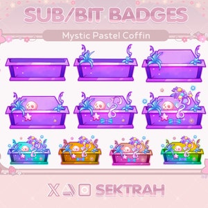 May include: A set of eight Twitch chat badges featuring a pastel coffin with a skull and flowers. The badges are in different colors, including purple, green, gold, and pink. The text "SUB/BIT BADGES" and "Mystic Pastel Coffin" are at the top of the image. The text "XAO SEKTRAH" is at the bottom of the image.