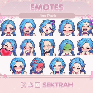 Uroczy pakiet emotikon/naklejek League of Legends Jinx transmitowany na Twitchu/Youtube i czacie Discord | Zestaw emotikon | Reakcje o niestandardowym projekcie