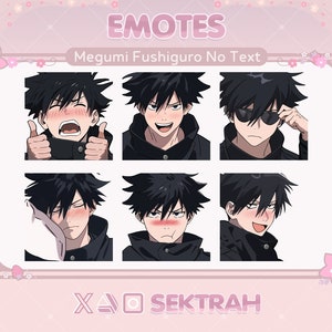 May include: A set of six digital illustrations featuring a character with black hair and different facial expressions. The text "EMOTES" and "Megumi Fushiguro No Text" is at the top of the image. The text "XAO SEKTRAH" is at the bottom of the image.