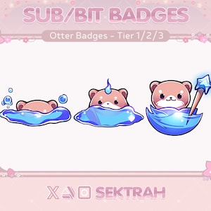 Op de afbeelding: Drie cartoon-otterbadges in verschillende niveaus. De eerste badge toont een bruine otter met zijn kop boven het water. De tweede badge toont een bruine otter met een blauwe vlam op zijn kop, zwemmend in een blauw zwembad. De derde badge toont een bruine otter die een blauwe speer vasthoudt, zittend in een blauw zwembad.