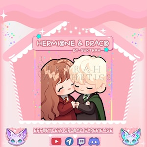 Op de afbeelding: Een digitale illustratie van Hermelien Griffel en Draco Malfidus uit de Harry Potter-serie. Ze zijn getekend in een chibi-stijl en knuffelen. De achtergrond is roze met confetti en sterren. De tekst "Hermione & Draco" staat bovenaan de afbeelding, met de tekst "By Sektrah" eronder.
