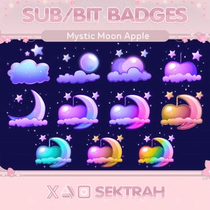 Può includere: Un set di nove badge digitali che presentano una luna crescente, una nuvola e una mela luminosa con una stella in cima. I badge sono di vari colori, tra cui rosa, viola, blu, giallo e verde. Il testo "SUB/BIT BADGES" e "Mystic Moon Apple" si trova nella parte superiore dell'immagine. Il testo "XAO SEKTRAH" si trova nella parte inferiore dell'immagine.