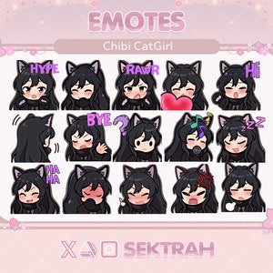 Emote/Sticker Pack met zwarte haren Chibi Cat Girl gestreamd op Twitch/Youtube en Discord-chat | Emotes-bundel | Reacties op aangepast ontwerp