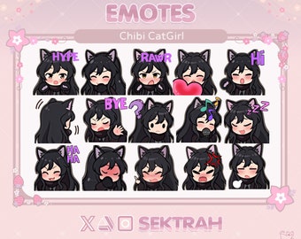 Pacote de emotes/adesivos de luvas pretas Chibi Cat Girl transmitido no Twitch/Youtube e no chat do Discord | Pacote de emotes | Reações de design personalizado