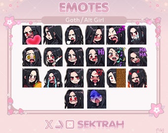 Pacote de emotes/adesivos de garota de cabelo preto emo gótico metal transmitido no Twitch/Youtube e no chat do Discord | Pacote de emotes | Reações de design personalizado