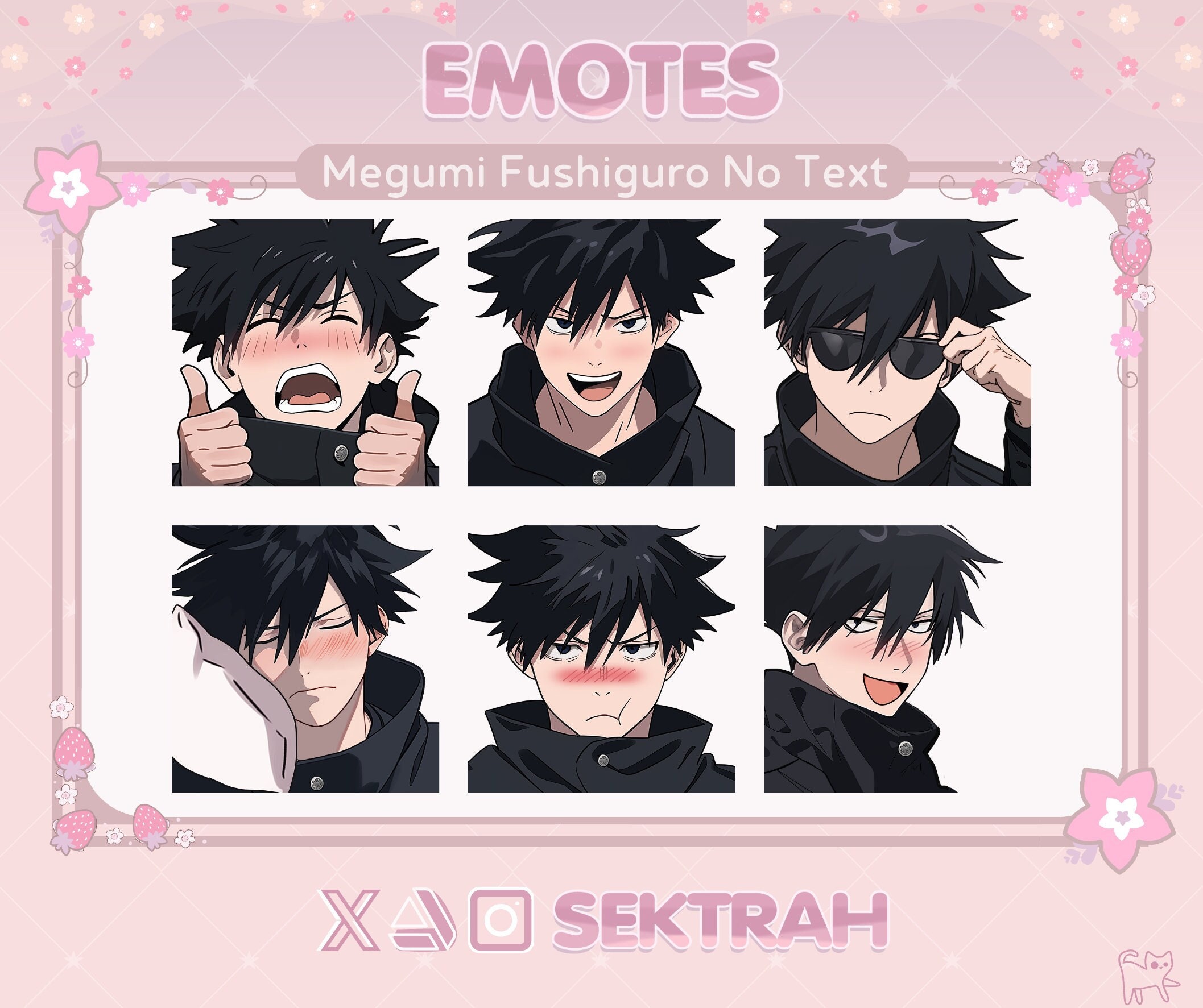 SEM TEXTO - Pacote de emotes/adesivos fofos de Megumi Fushiguro JJK transmitidos no Twitch/Youtube/Kick e no chat do Discord | Pacote de emotes | Jujutsu Kaisen