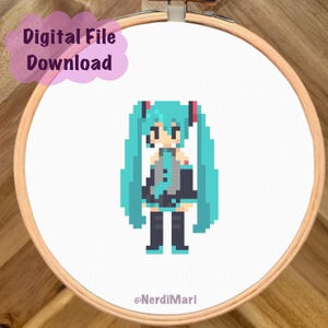 May include: A pixelated cross-stitch design of a character with long turquoise pigtails, a black and gray outfit, and red accents. The design is in a wooden embroidery hoop. Text reads "Digital File Download" and "@NerdMari".