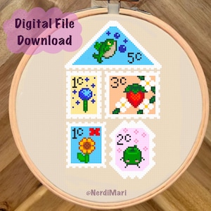 May include: A digital cross-stitch pattern featuring a house made of five postage stamps. Each stamp has a different design, including a frog, a strawberry, a flower, a sunflower, and another frog. The stamps are labeled with prices: 1c, 1c, 3c, 2c, and 5c. The pattern is titled "NerdiMari".