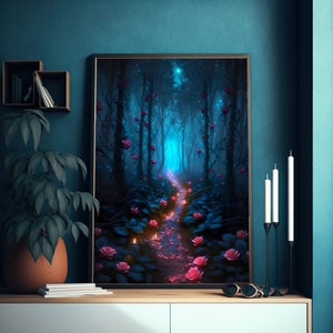 Spiritual Forest Rose Trail Wall Art Print | Candles and Fireflies | Fantasy Forest | Fantasy Painting Art Print