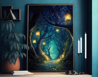 Spiritual Forest Wall Art Print | Lanterns and Trees | Gloomy Magical Forest | Fantasy Painting | Living Room Wall Art