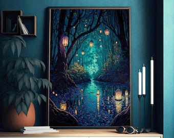 Impresión de arte de pared del bosque espiritual - Linternas, árboles y un río - Pintura de fantasía - Impresiones de pared de la sala de estar