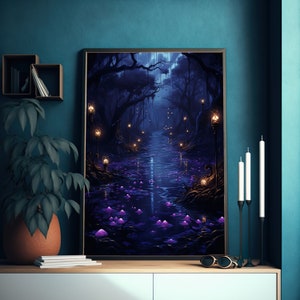 Lila düsterer spiritueller Wald Wand Kunst Druck - Laternen, Bäume und ein Fluss - Halloween Fantasy Gemälde - Wohnzimmer Wanddrucke