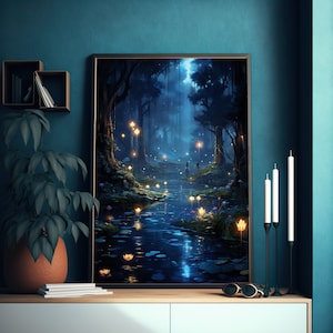 Magischer Wald Wand Kunst Druck - Blumen und ein Fluss - Fantasy Malerei - Wohnzimmer Wand Drucke