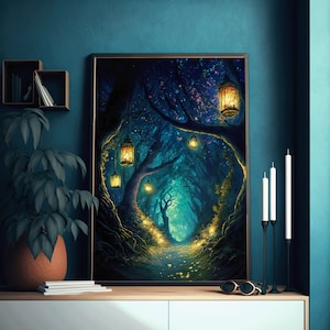 Spiritual Forest Wall Art Print | Lanterns and Trees | Gloomy Magical Forest | Fantasy Painting | Living Room Wall Art