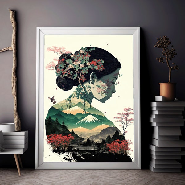 Japanese Geisha Artwork | Green Flowers and a Mountain | Double Exposure Art | Living Room Wall Art