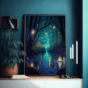 Spiritual Forest Wall Art | Lanterns Trees and a River | Fantasy Painting | Bestseller Digital Art