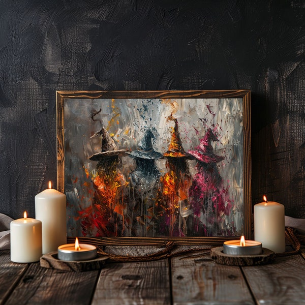 Colorful Fire Witches Wall Art Print - Dark Art Painting - Perfect for Victorian Art Home Wall Decor H2