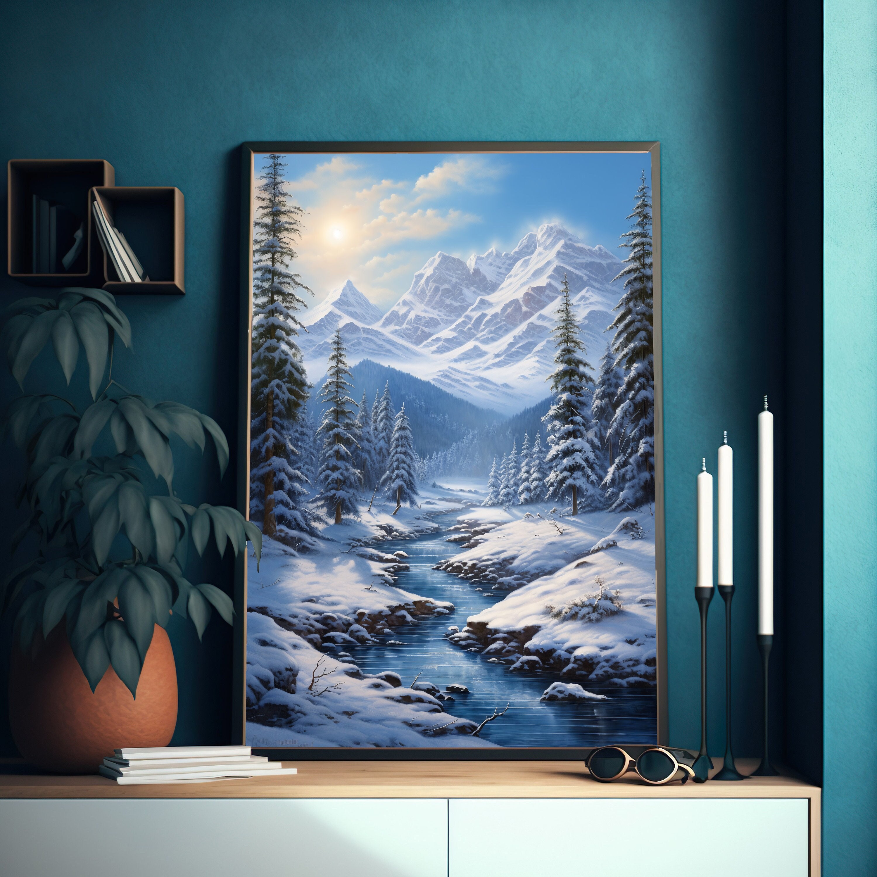 冬の川の風景画：雪山の絵画 - Etsy 日本