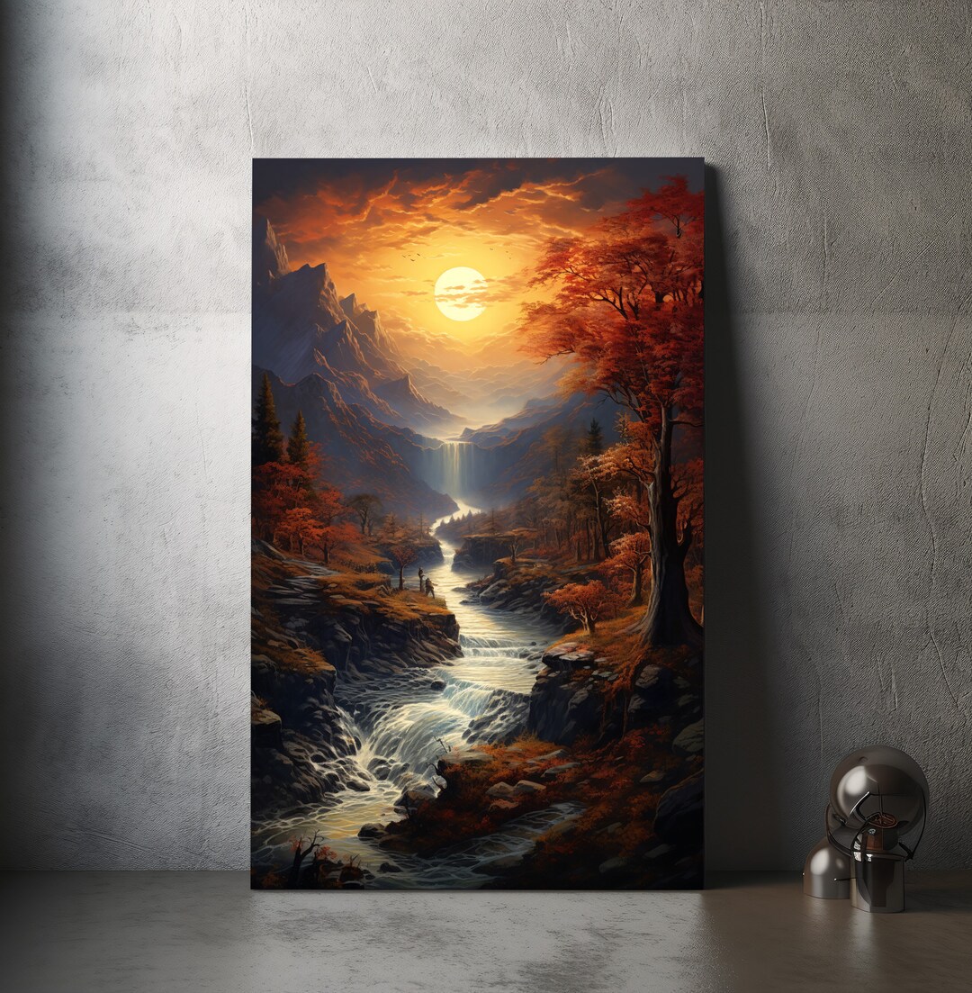 Autumn River Art Canvas | Fall Colors Forest River Landscape | Nature ...