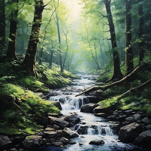River in the Dark Green Forest Art Print - Forest Oil Painting ...