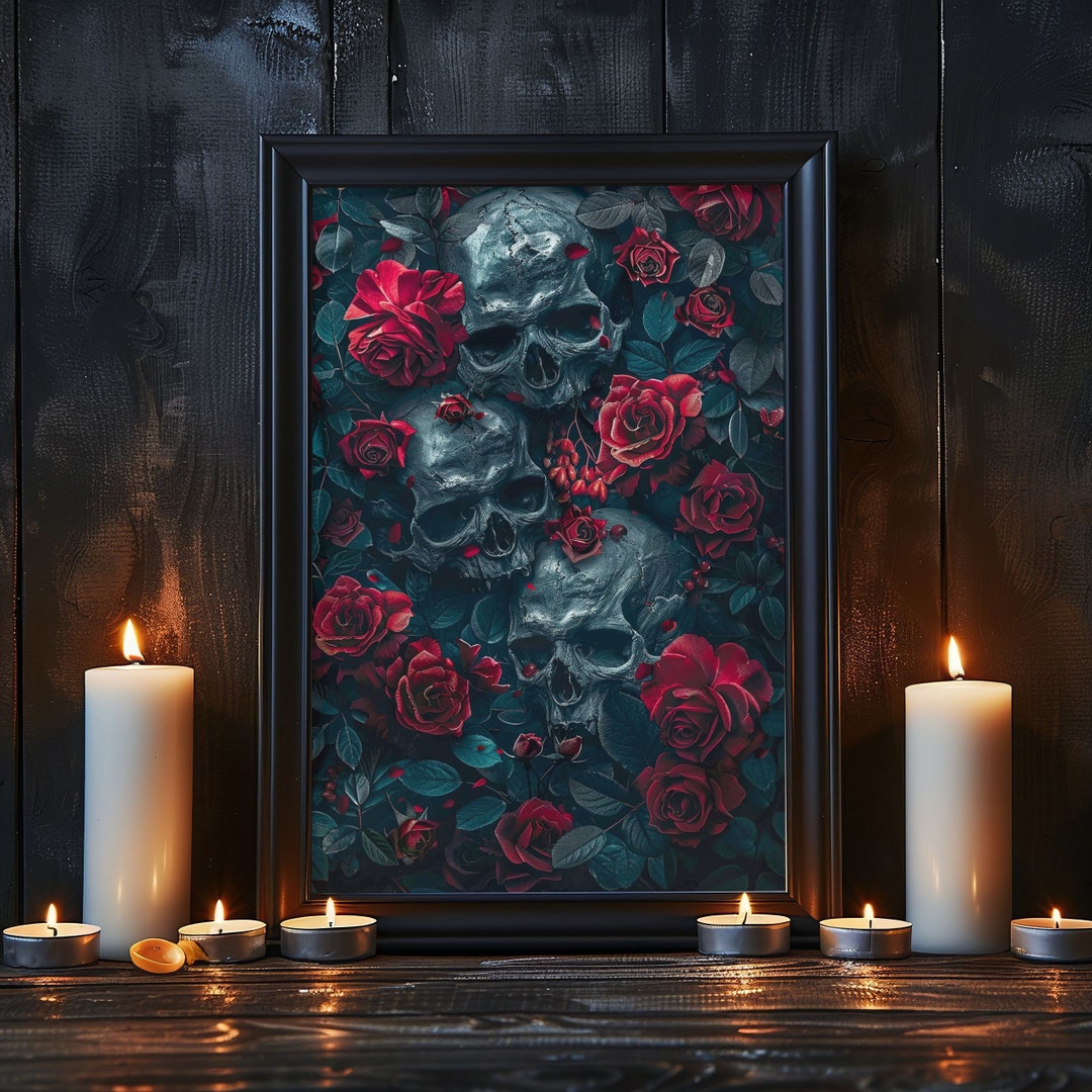 Flowers and Skulls Art Print Painting - Dark Floral Skull Art Painting ...