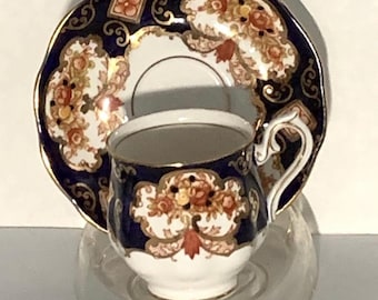 Royal Albert Heirloom Demitasse Cup & Saucer Set Gold Trim Cobalt Blue bone china England Porcelain