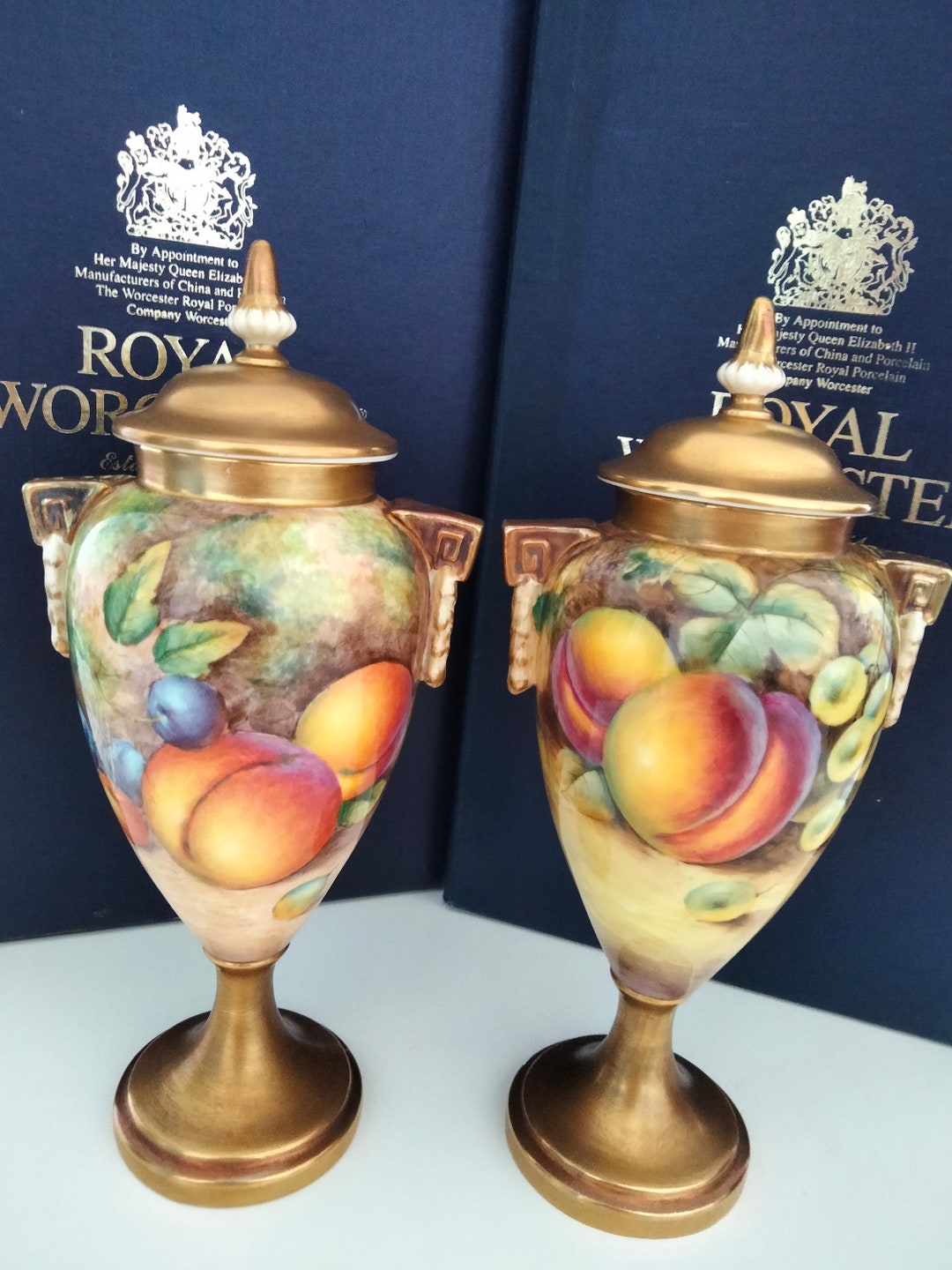 Vintagetwo Royal Worcester Lidded Twin Handled Urns, Painted Fruit