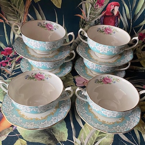 Royal Albert Enchantment miski do zupy z dwoma uchwytami i spodkiem, miski do zupy, miski, zastawa stołowa, zamiennik porcelany kostnej