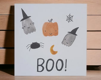 Hand painted Halloween card, ghost, pumpkin, spider, moon, web