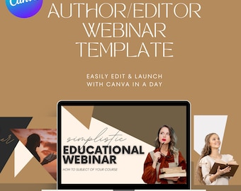 May include: A laptop screen displays a webinar template with the text "AUTHOR/EDITOR WEBINAR TEMPLATE." The Canva logo is in the upper left corner. The screen shows a woman holding books. The background is a warm brown color.